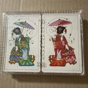 Vintage Stancraft Playing Cards Bridge 2 Deck Glitter Case Asian Woman Geisha